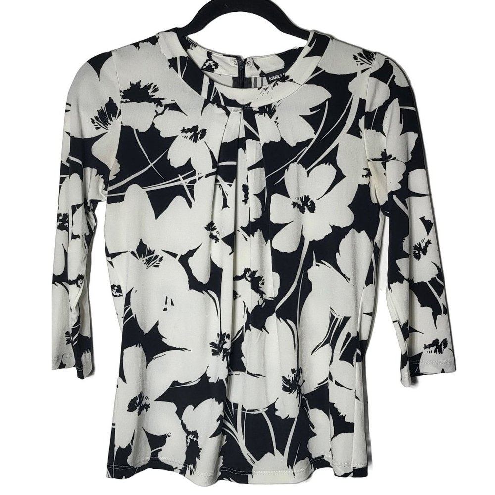 Karl Lagerfeld Womens‎ Black White Floral Quarter Sleeve Blouse Size Petite XS